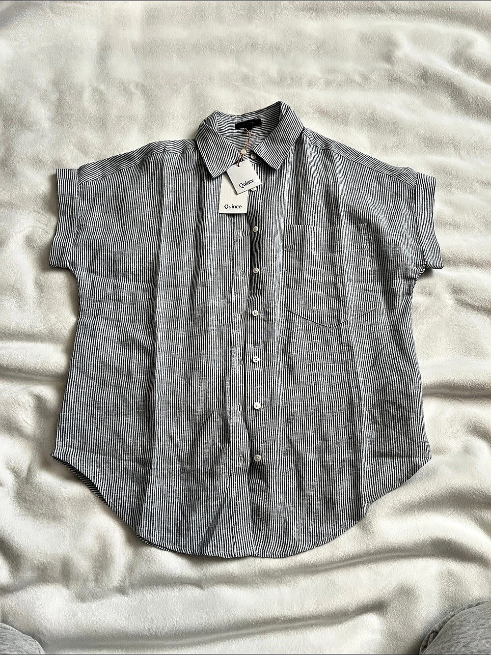 Quince 100% European Linen Short Sleeve Shirt Blue & White